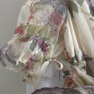 Floral Chiffon Drawstring Blouse - Cream with Pastel Florals